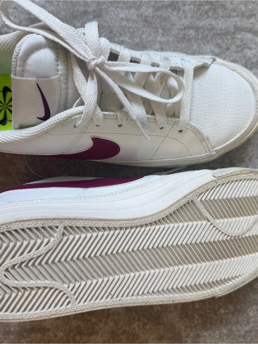 Nike White Low-Top Sneakers with Plum Swoosh and Neon Green Insoles
